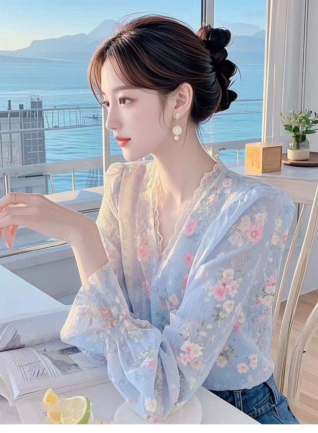 法式高级感蓝色碎花长袖雪纺衬衫女春季新款轻奢洋气漂亮绝美上衣详情5
