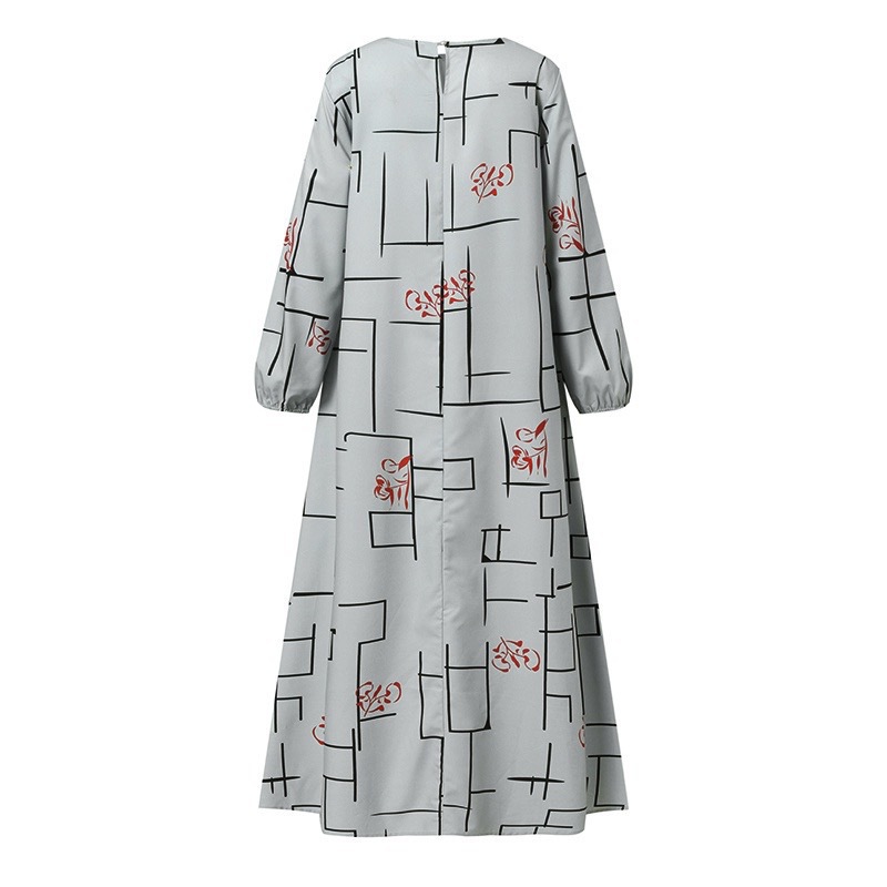 2026 New cross-border Middle East Muslim casual pullover long-sleeved loose round-neck long printed dress Long dress pic 9