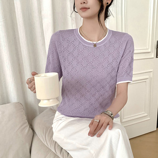 南油高端女装2026夏季新款珍珠装饰麻花纹针织短袖通勤气质上衣详情27