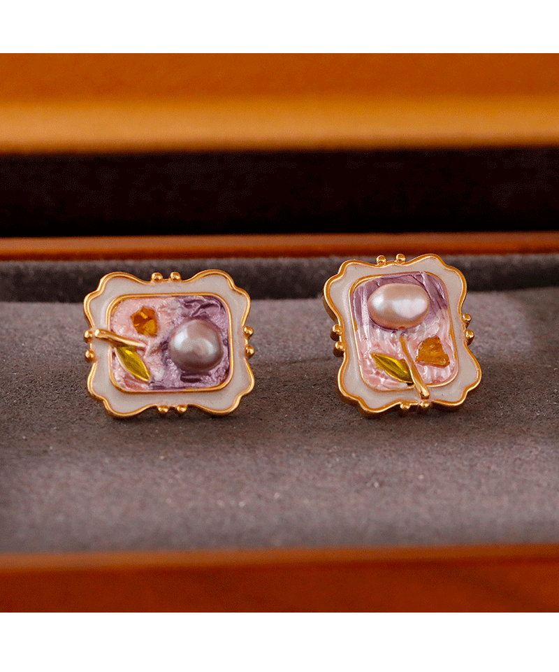 Hyacinth新中式国风油画珐琅滴釉耳环淡水珍珠耳饰2025年新款潮轻奢耳坠女详情2