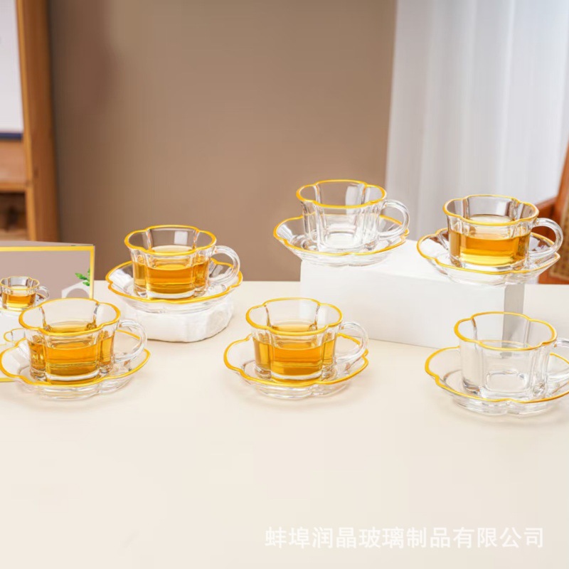梅花玻璃杯六件套家用耐高温奶杯杯子加厚透明咖啡杯碟套装随手礼详情5