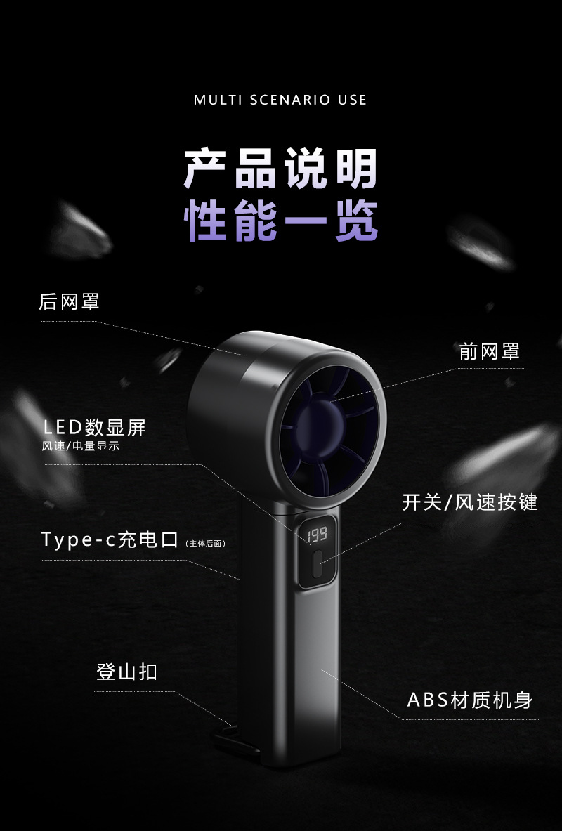 The new cross-border 199-level digital display USB small fan is foldable and desktop, with a turbine and strong wind force. It is fashionable and portable pic 11