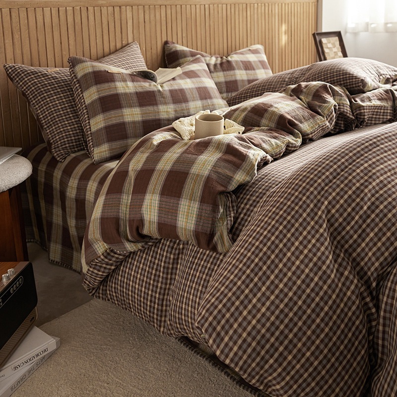 All-cotton Class A double-layer yarn four-piece set, double-layer yarn quilt cover and bed sheet four-piece set, pure cotton double-layer yarn checkered four-piece set pic 34