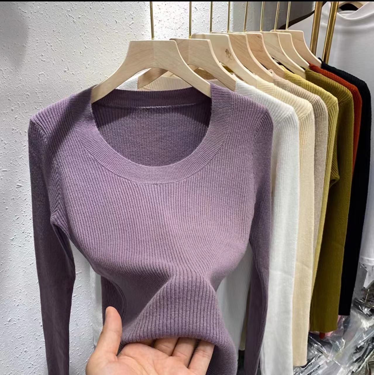U领针织衫女韩国东大门露锁骨修身纯色安迪绒打底衫安迪绒长袖衫详情36