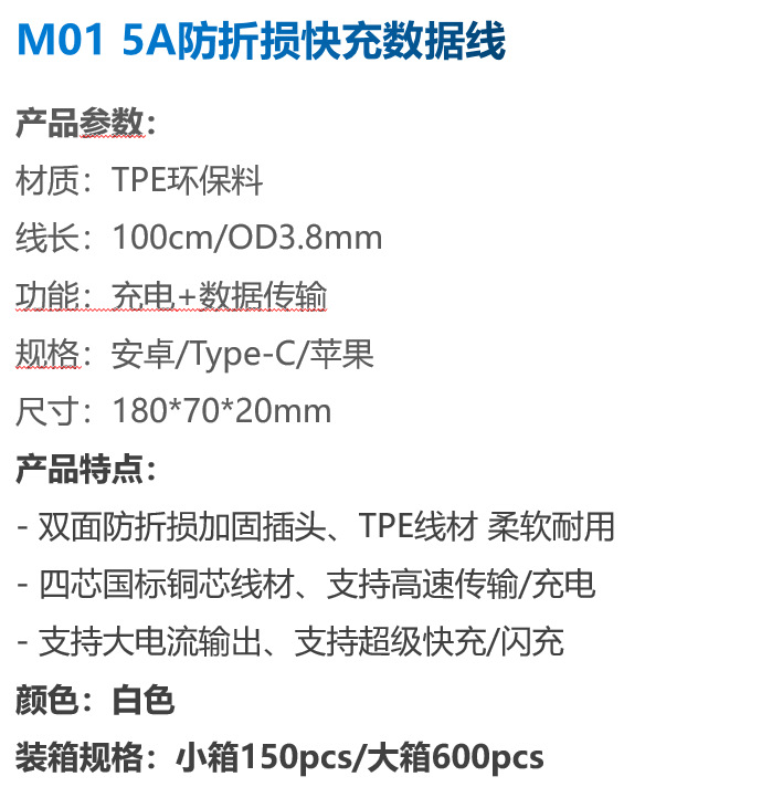 M01 data cable with multiple interfaces is suitable for Apple/Android /Type-c safe fast charging cable wholesale 5A pic 3