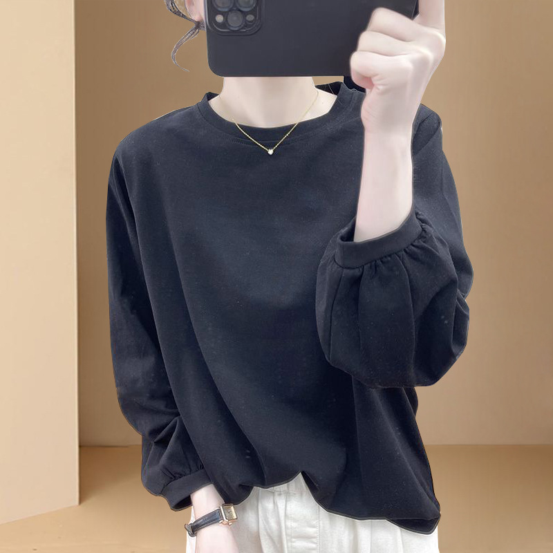 秋装纯棉灯笼袖长袖T恤女式韩系宽松减龄上衣复古褶皱打底衫体恤详情7