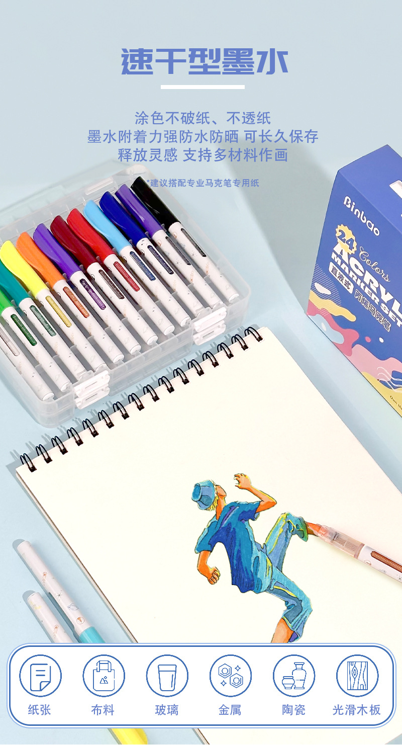 直液式软头丙烯马克笔不透色可叠色儿童彩绘涂鸦学生专业美术画笔详情5
