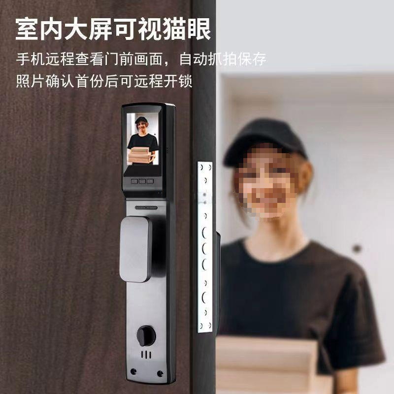 The black smart door lock features a 3D facial recognition screen, a digital keyboard, a handle and a lock tongue structure pic 13