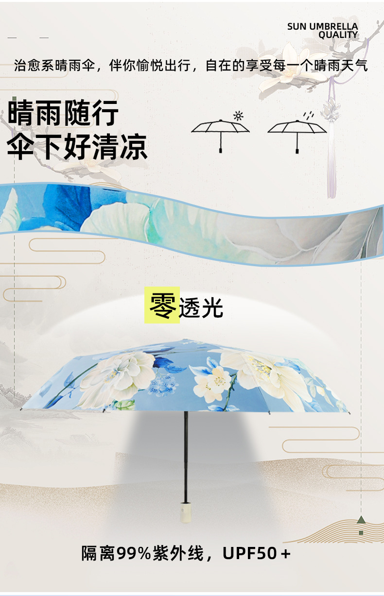 三折雨伞黑胶国风牡丹防晒伞防紫外线晴雨伞太阳伞折叠伞厂家批发详情5