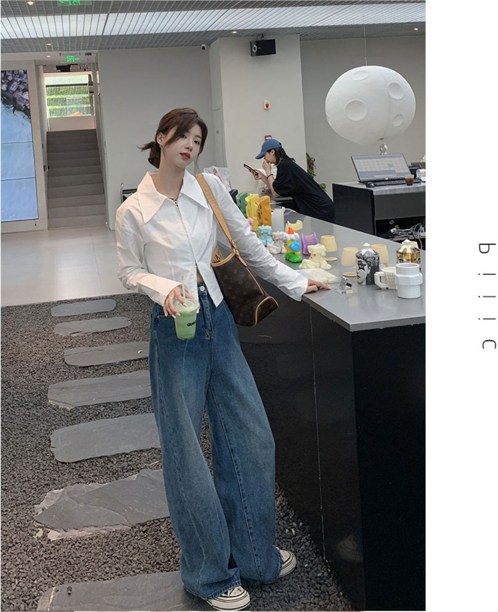 法式气质拉链白色衬衫女春季设计感短款别致上衣内搭打底长袖衬衣详情12
