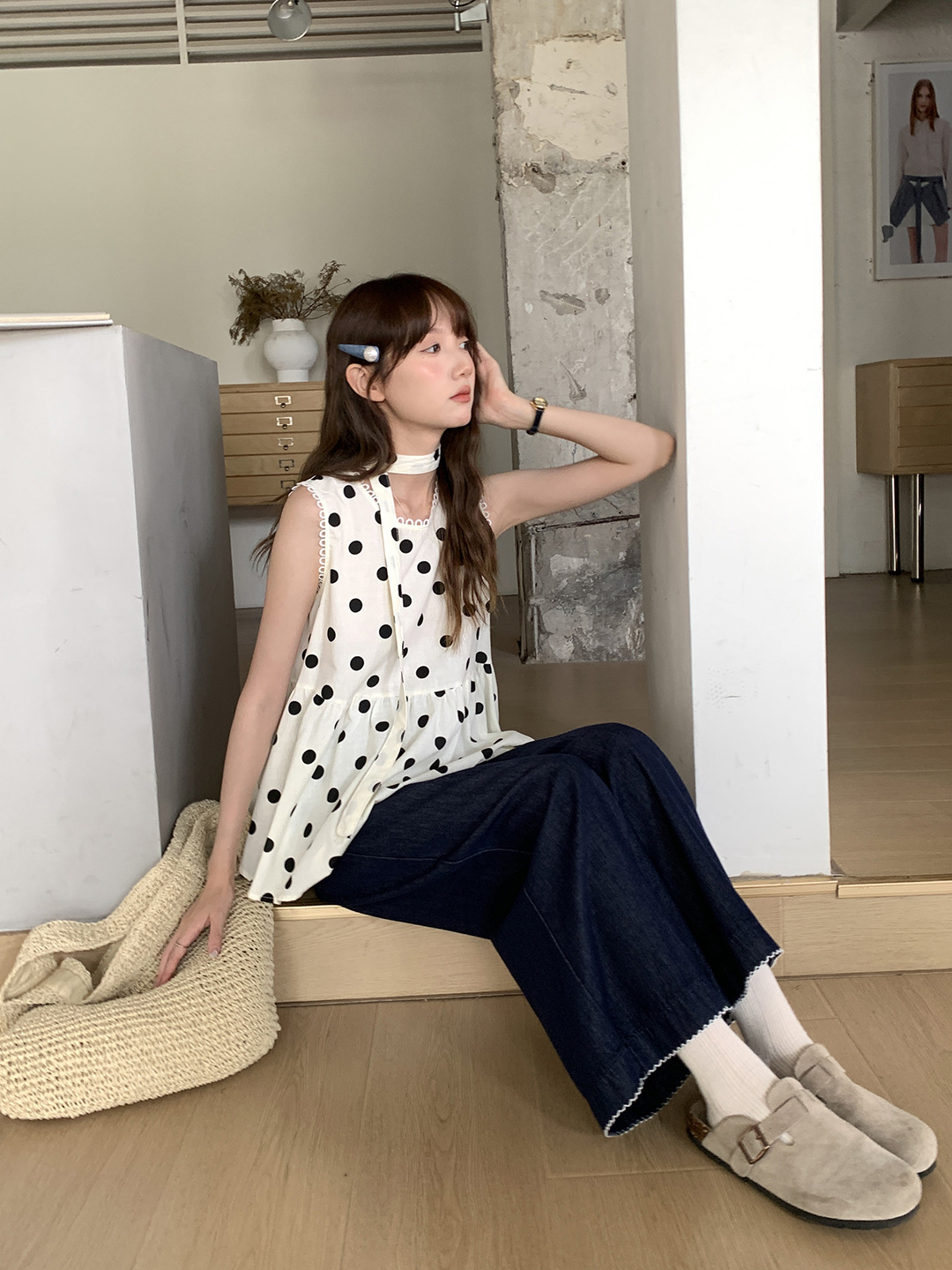 陆小团团复古花边直筒薄牛仔裤2025夏季新款显瘦阔腿小个子裤子女详情38