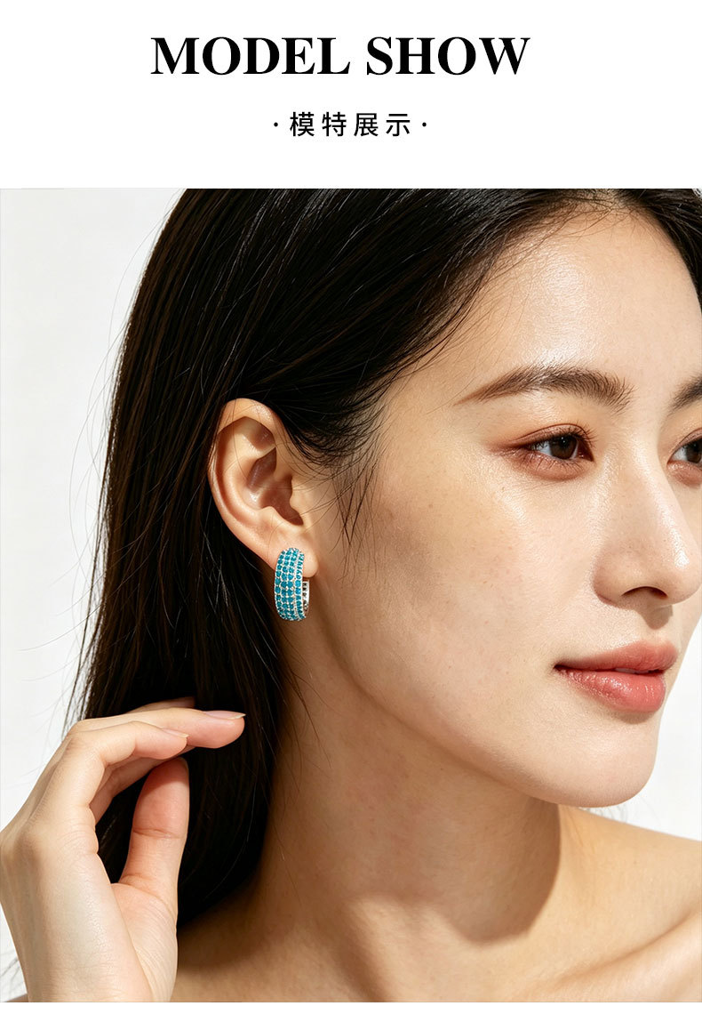 The source factory offers multi-layer close-set blue turquoise C-shaped earrings with a light luxury and high-end feel. Wide-sized earrings are custom-made and available in mixed batches pic 8