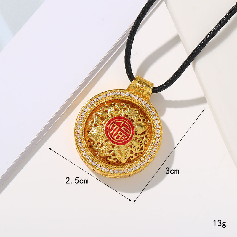 新中式轻奢沙金珐琅彩可旋转点钻罗盘挂件复古黑绳链吊坠详情7