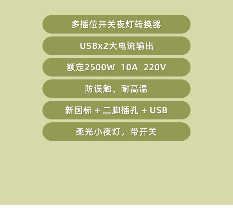 纯铜排插一转多插位 无线usb转换插座多功能家用办公插板夜灯插排详情15