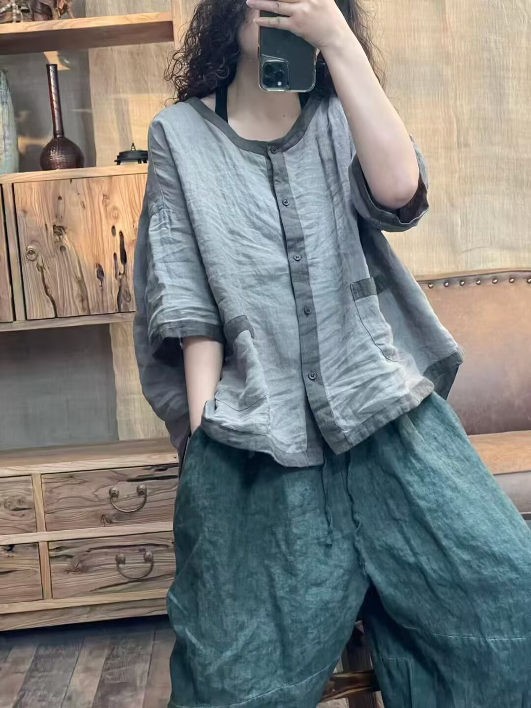 025夏款韩版时尚宽松休闲无领净版短袖衬衫女开衫详情4