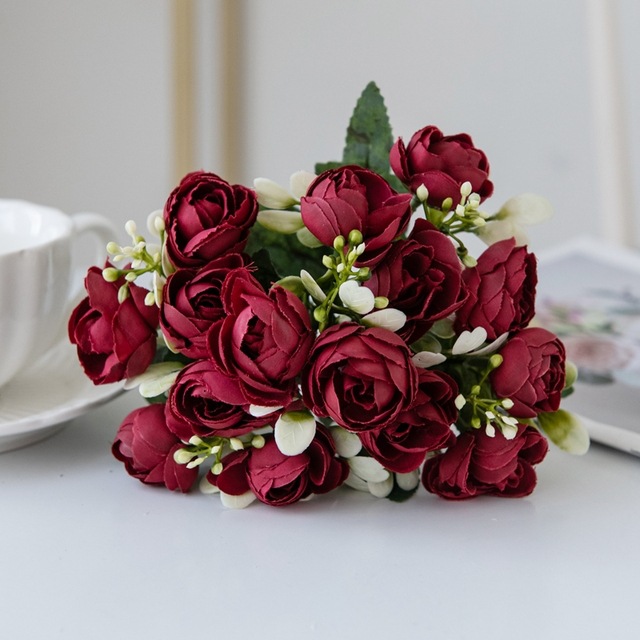 仿真5叉玫瑰小茶苞花束婚庆手捧花假花简约家居客厅餐桌摆设花艺详情8