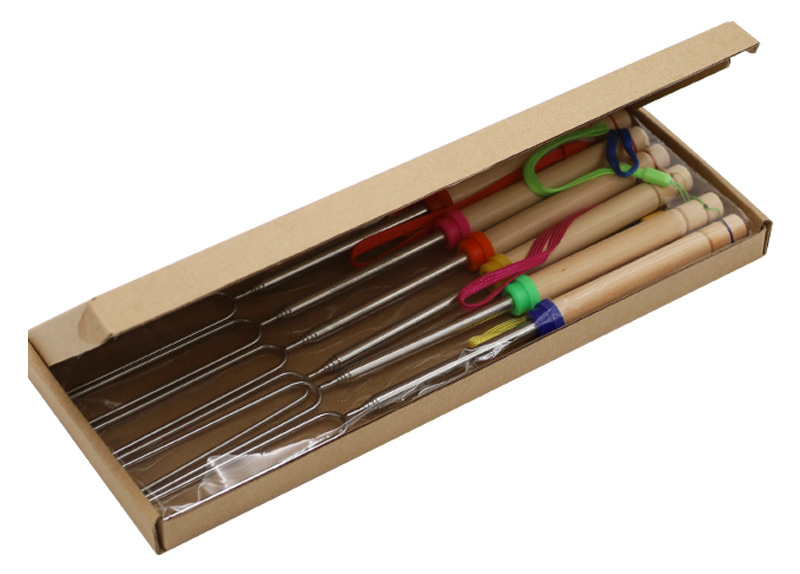 Outdoor BBQ cross-border special stainless steel telescopic Zibo barbecue fork, 12-color hot dog fork, telescopic U-shaped wooden handle barbecue fork pic 14