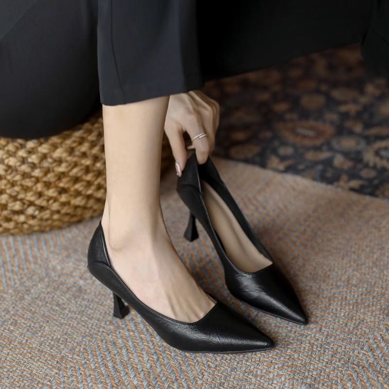 Soft leather, not tiring to the feet, high heels, soft leather, soft soles, thin heels, pointed toe, black comfortable professional single shoes for women pic 7