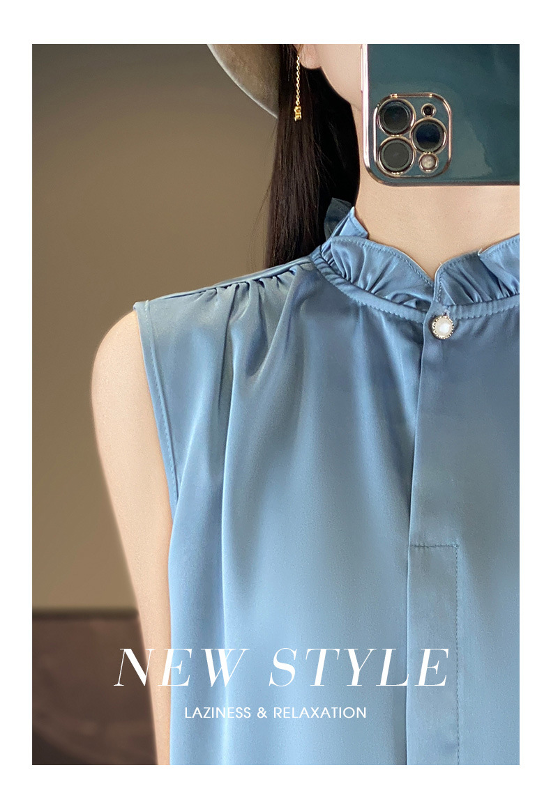 木耳边无袖缎面衬衫背心女立领薄气质衬衫女上衣背心内搭无袖T恤详情20