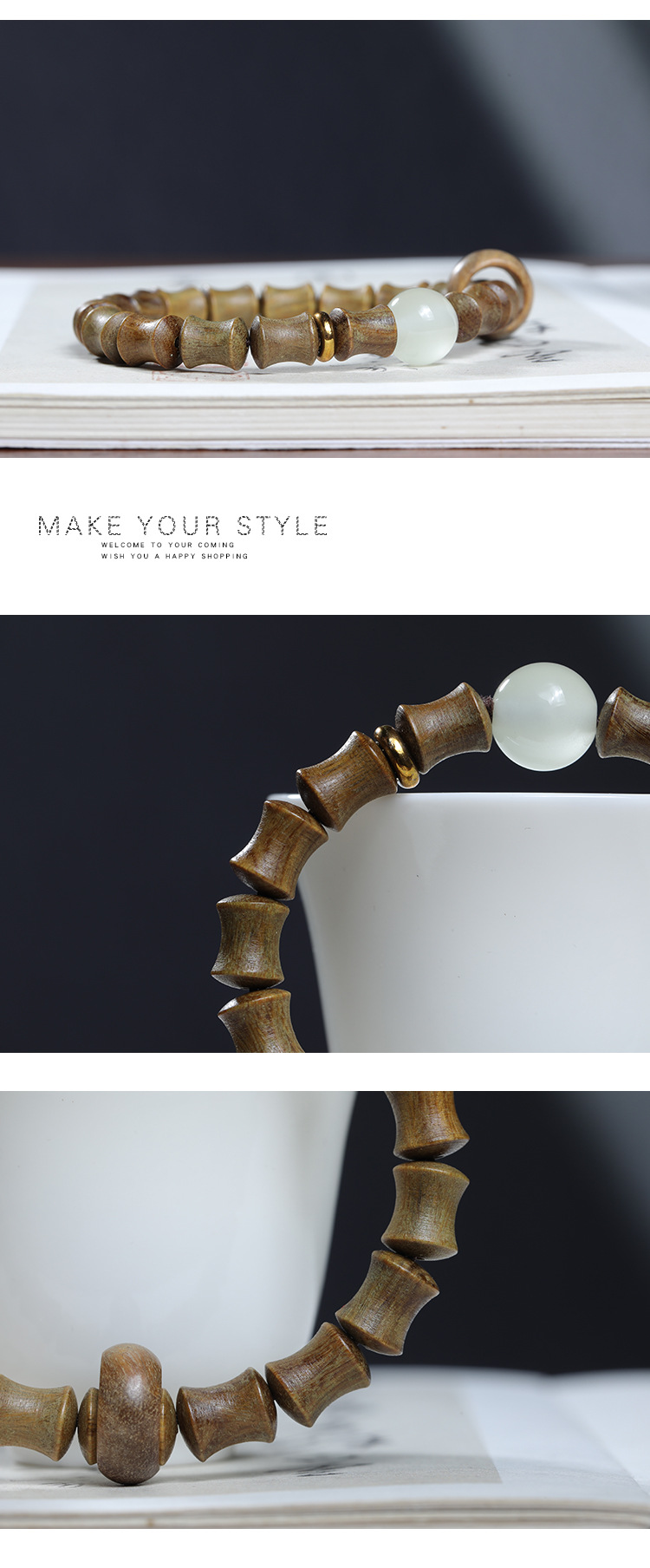 Green sandalwood bamboo Joint Rising Moonstone bracelet Running Ring style for men and women Sandalwood bracelet DIY pic 24