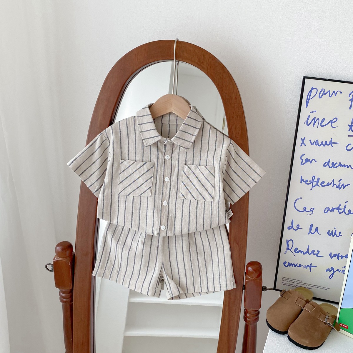 Summer Korean-style boys' suit dress for 0-4 years old, short-sleeved shirt, shorts, tie, cool baby's first birthday pic 13