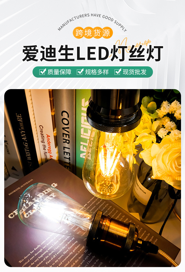 跨境爱迪生led灯丝灯泡e27螺口透明玻璃复古e14客厅节能照明球泡详情1
