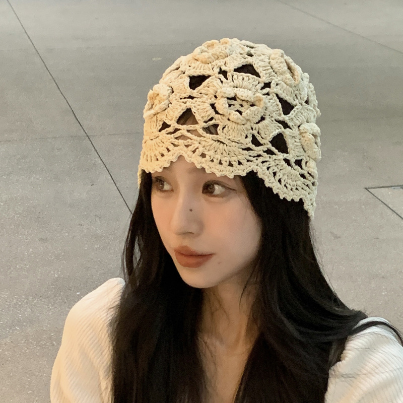 A collection of Japanese-style hand-woven headscarves, thin, hollowed-out woolen hats for women, and retro and artistic knitted hats pic 18