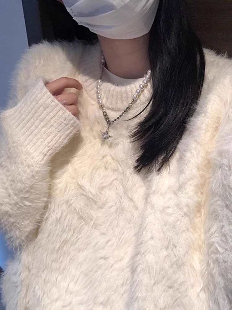 米白色海马毛软糯毛衣女潮高级慵懒风针织打底衫秋冬加厚美式外套详情3