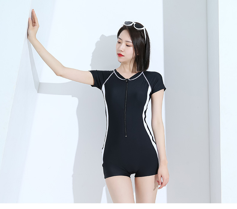 连体泳衣女士保守平角遮肚显瘦性感运动款韩版专业游泳衣短袖高弹详情5