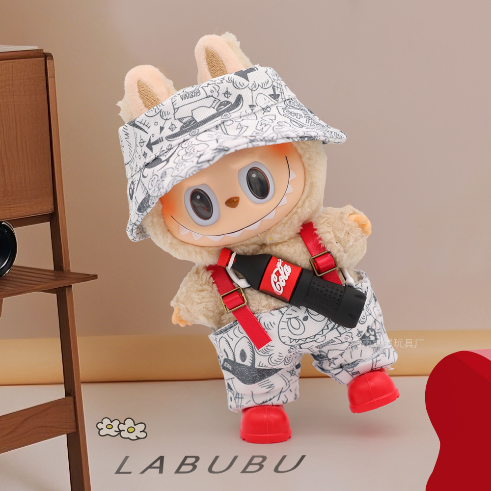现货拉布娃衣搪胶娃娃labub涂鸦卫衣渔夫背带裤牛仔裤衣服套装详情5