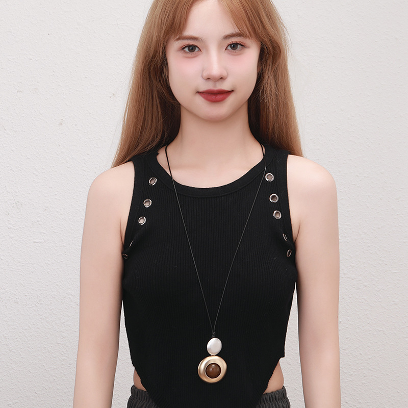 跨境新款亚马逊专供长项链圆形几何金属女士精致欧美设计感毛衣链详情4