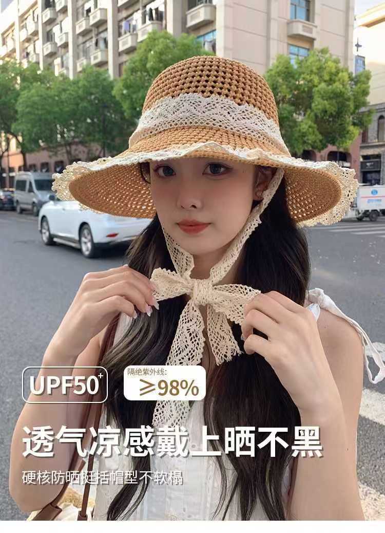 拉菲草编织草帽蕾丝花边小麦秸秆老式编筐帽子详情2