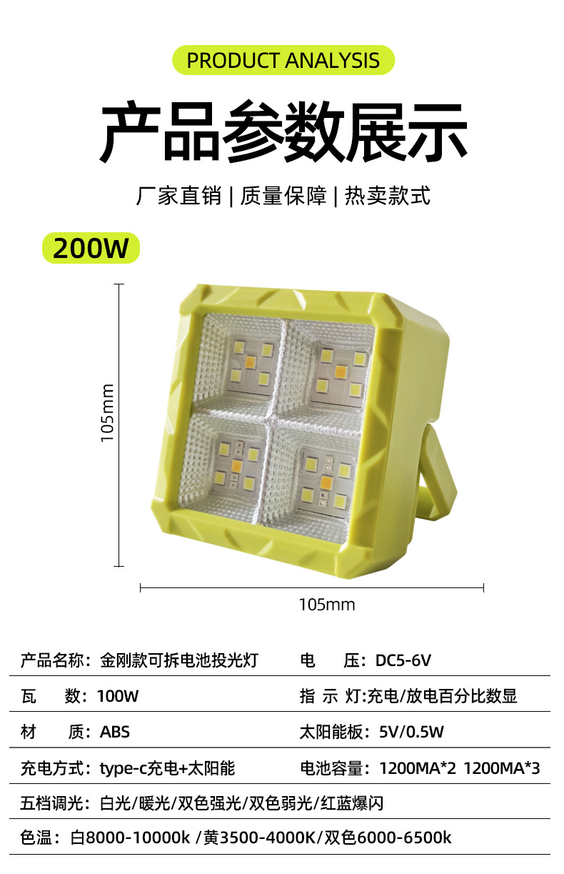 New LED mini floodlight, solar portable lamp, USB charging, outdoor camping and stall emergency lighting pic 12