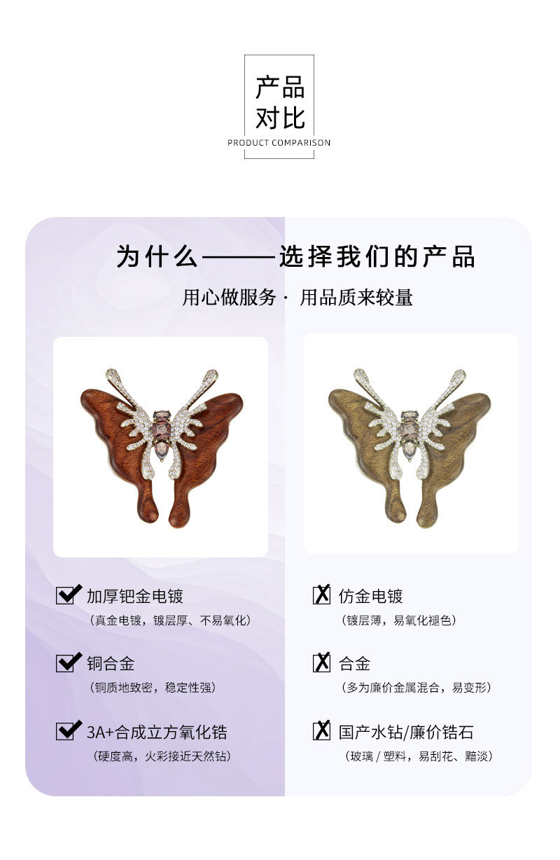 原创设计复古高级感木质蝴蝶胸针铜合金镶锆石高级感小众衣饰别针详情16