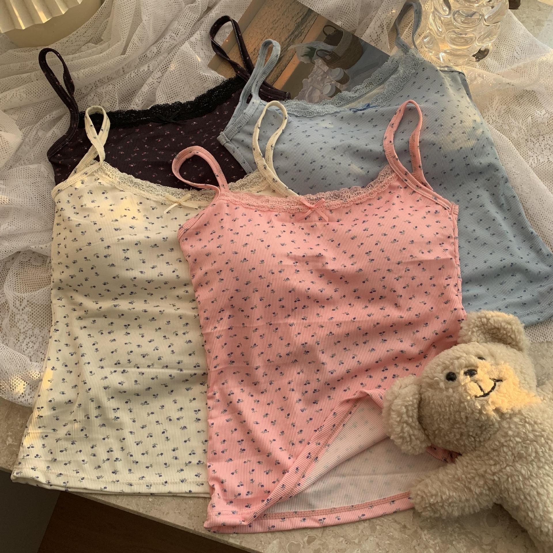 甜辣妹蓝色蕾丝边吊带小背心女夏季bm碎花内搭打底短款带胸垫上衣详情16