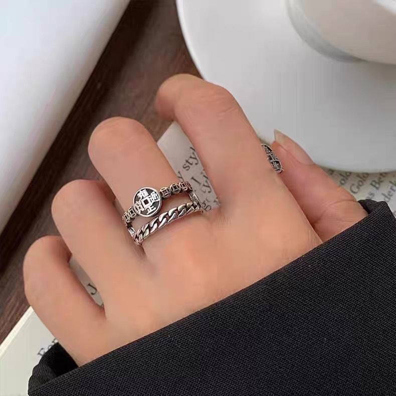 This is a niche design 12.20 national trend copper coin ring. It is made entirely of S925 sterling silver, with a retro and aged wide version. It is a unique and stylish open ring for women pic 1