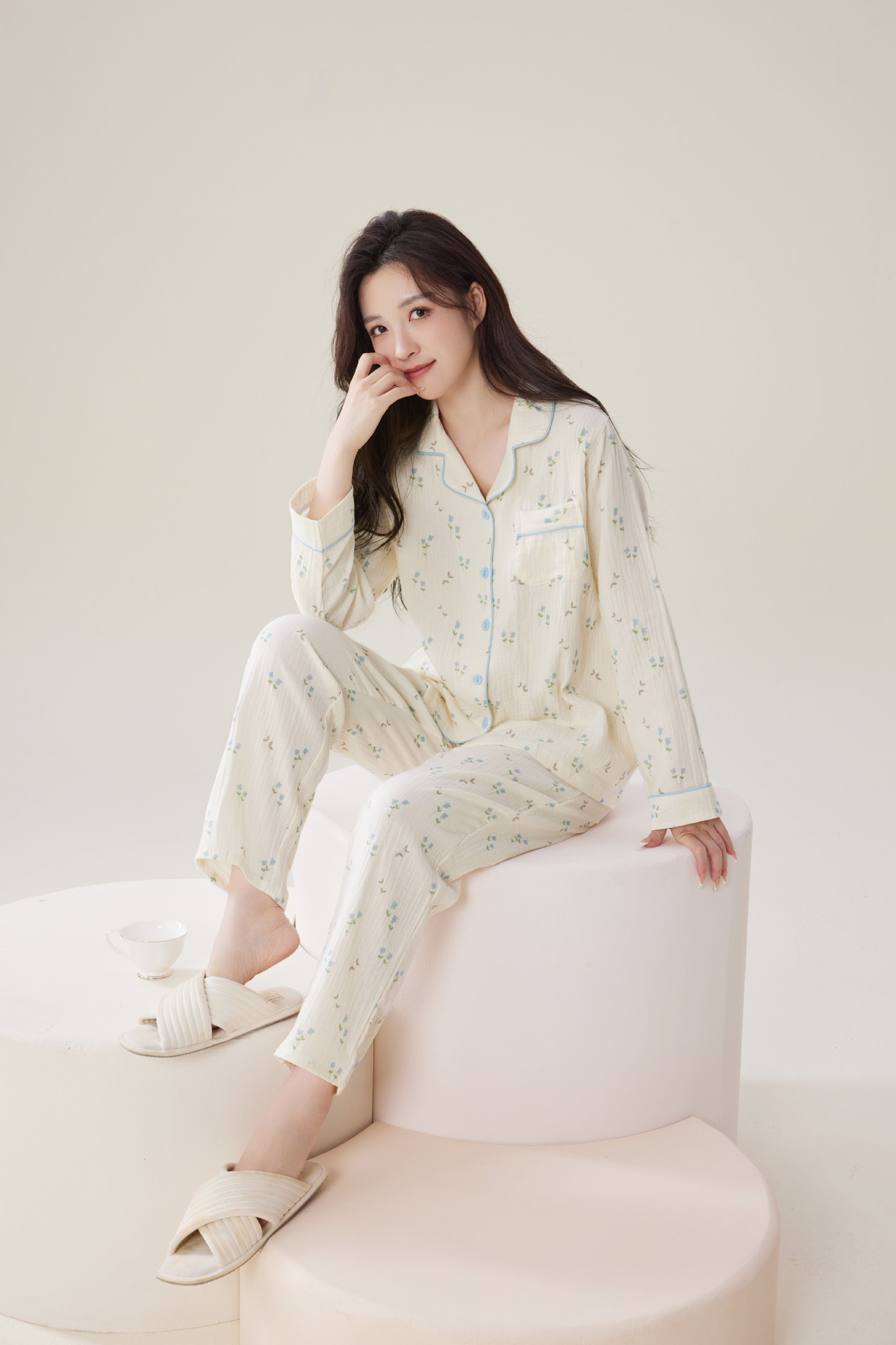 新款纯棉棉纱睡衣女士春秋季薄款印花长袖日系田园风双层纱家居服详情7