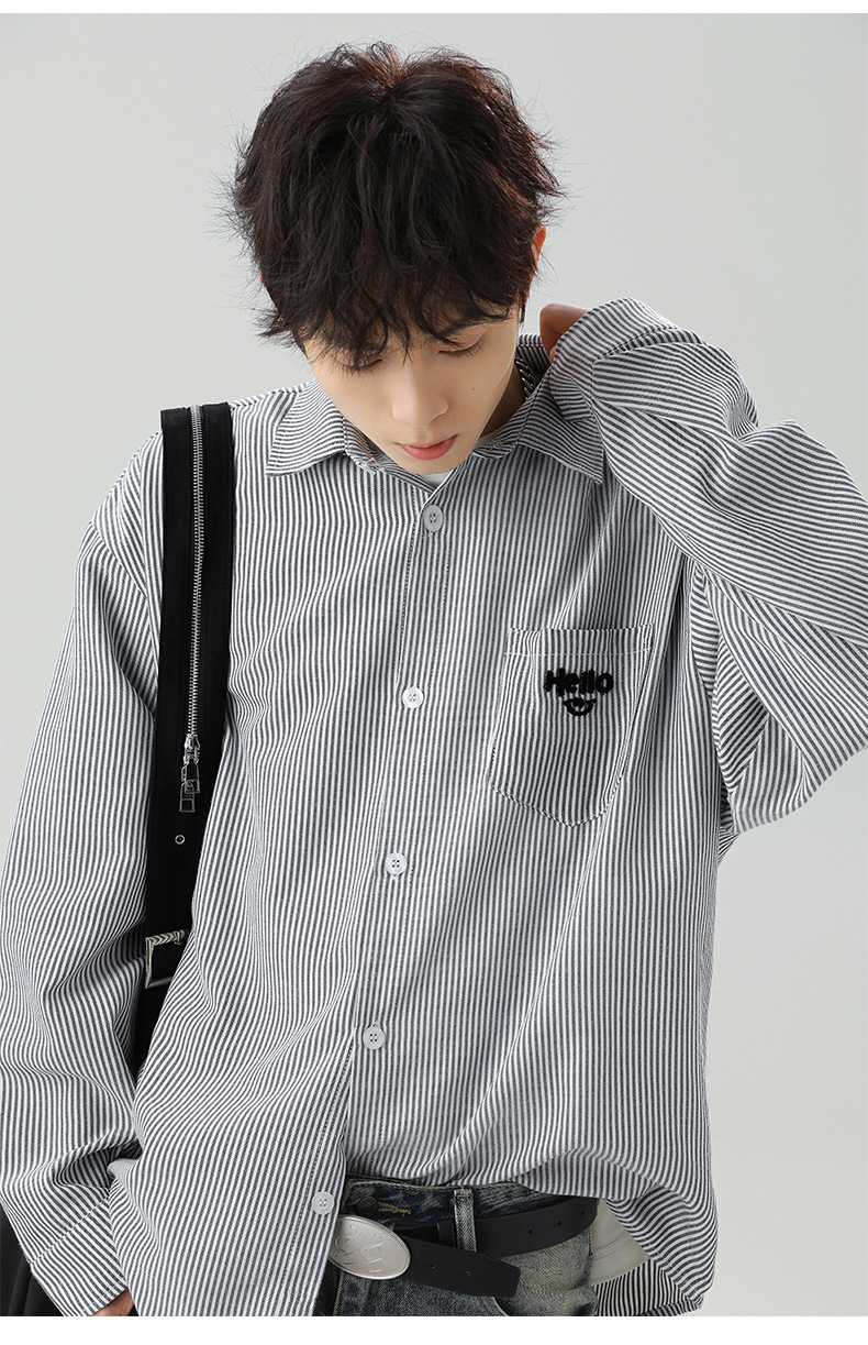 口袋立体刺绣长袖衬衫男春夏新款撞色竖条纹日系宽松情侣衬衣外套详情13