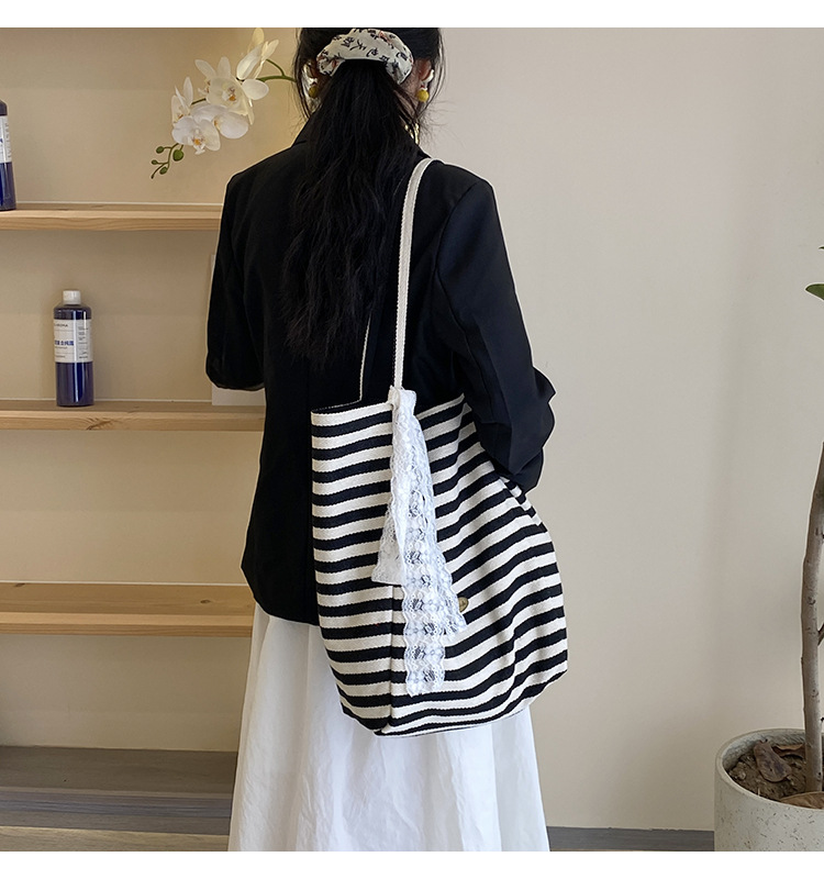 Striped canvas bag, 2024 new Korean-style ins tote casual bag, single-shoulder large-capacity tote bag shopping bag pic 33
