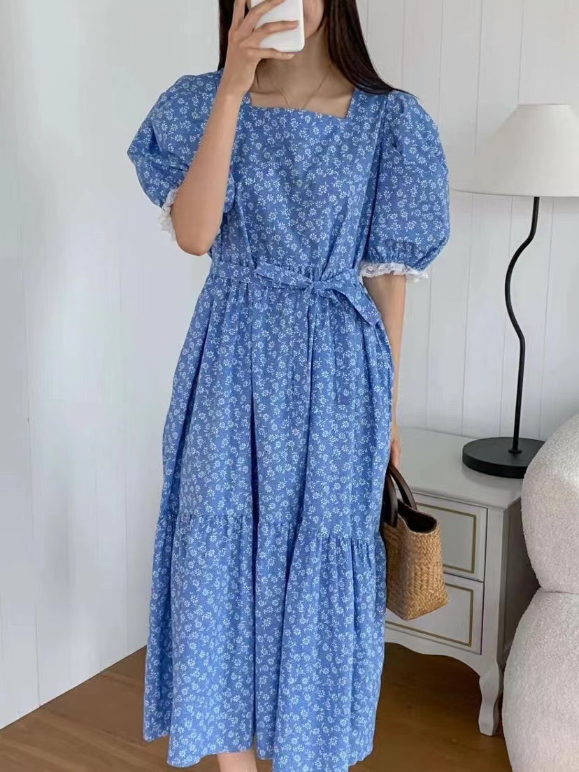 韩国东大门2023夏季新款时尚碎花蕾丝拼接圆领长款休闲连衣裙女详情6