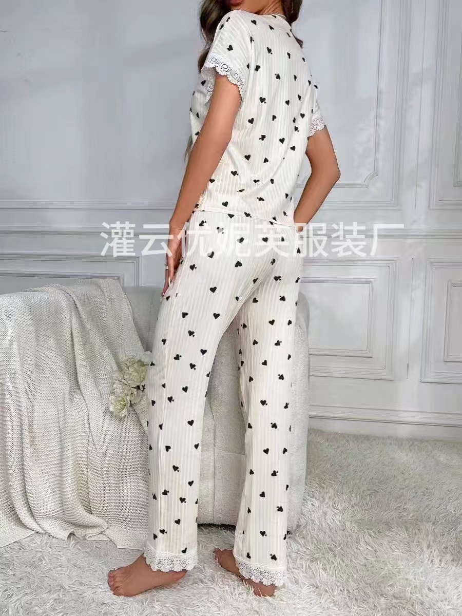 2024跨境V领爱心睡衣女套装秋季新款高级感心形装家居服两件套装详情3