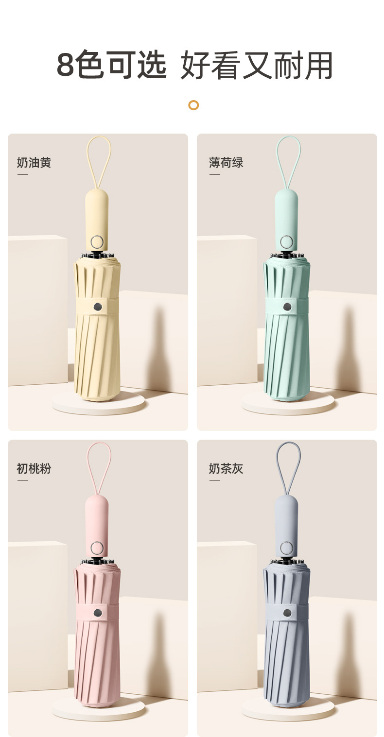 新款16骨黑胶自动双人伞商务礼品伞三折抗风加固折叠伞雨伞加logo详情17