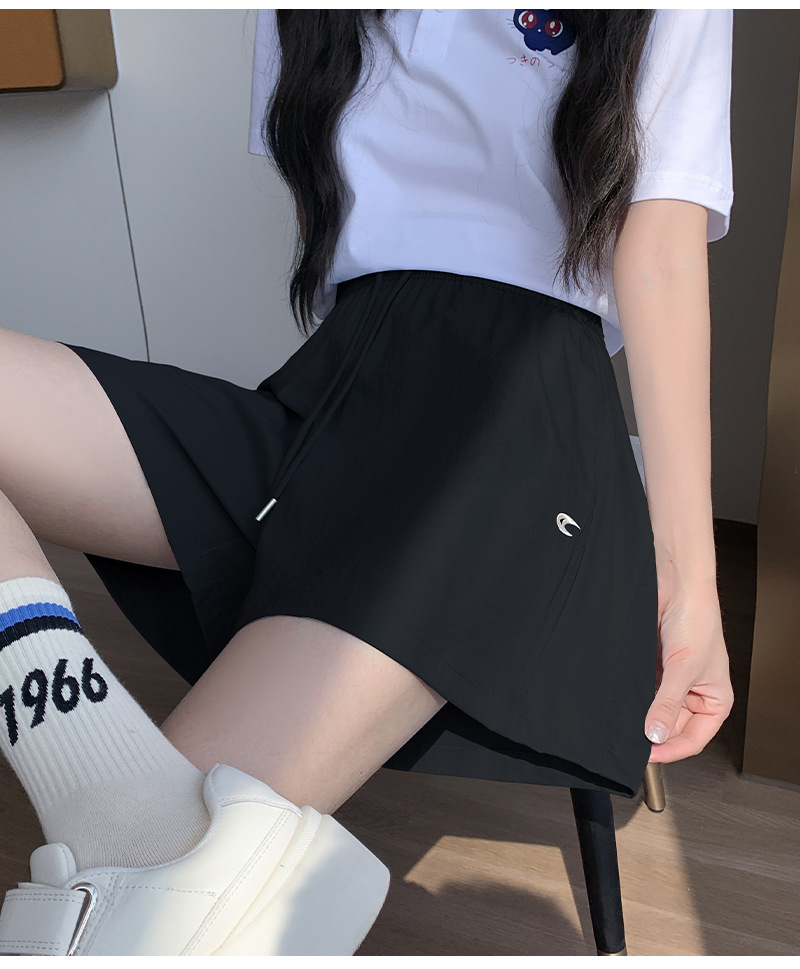 诗之韵速干不易皱刺绣短裤女高腰休闲运动阔腿百搭时尚马卡龙短裤详情24