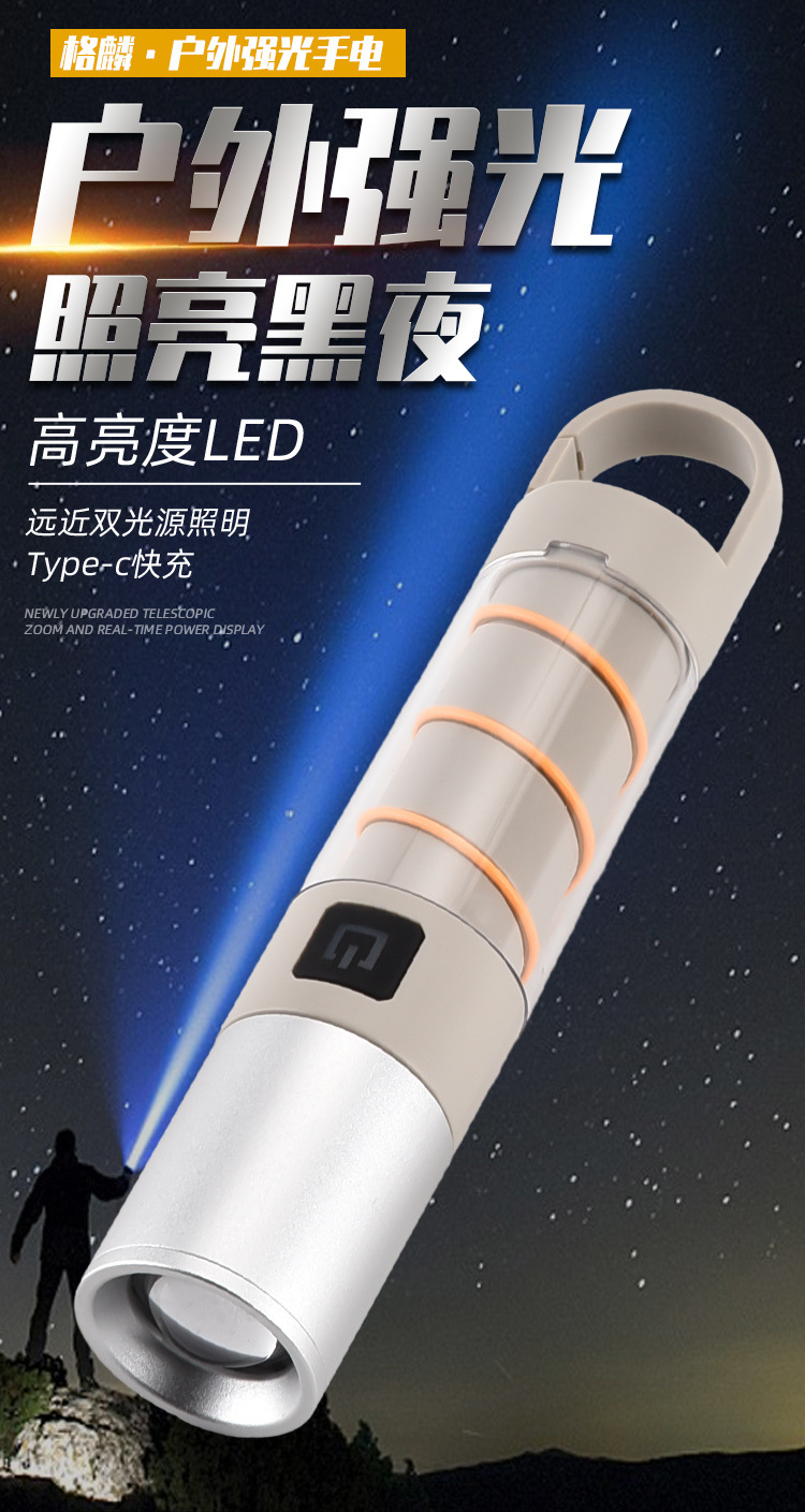 跨境新品LED红兰光白激光 Type-C充电伸缩变焦远射 强光手电筒详情2