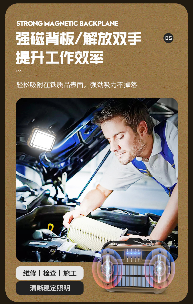 Cross-border new solar outdoor camping lighting tent lamp, rechargeable LED multi-functional magnetic work light pic 26