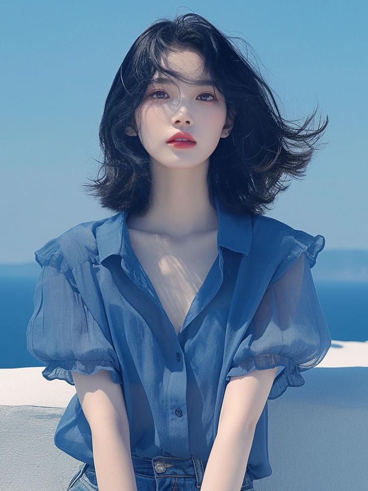 French-style blue puffed-sleeve chiffon blouse for women, a new summer style that hides and slimming the body, a youthful thin shirt pic 4