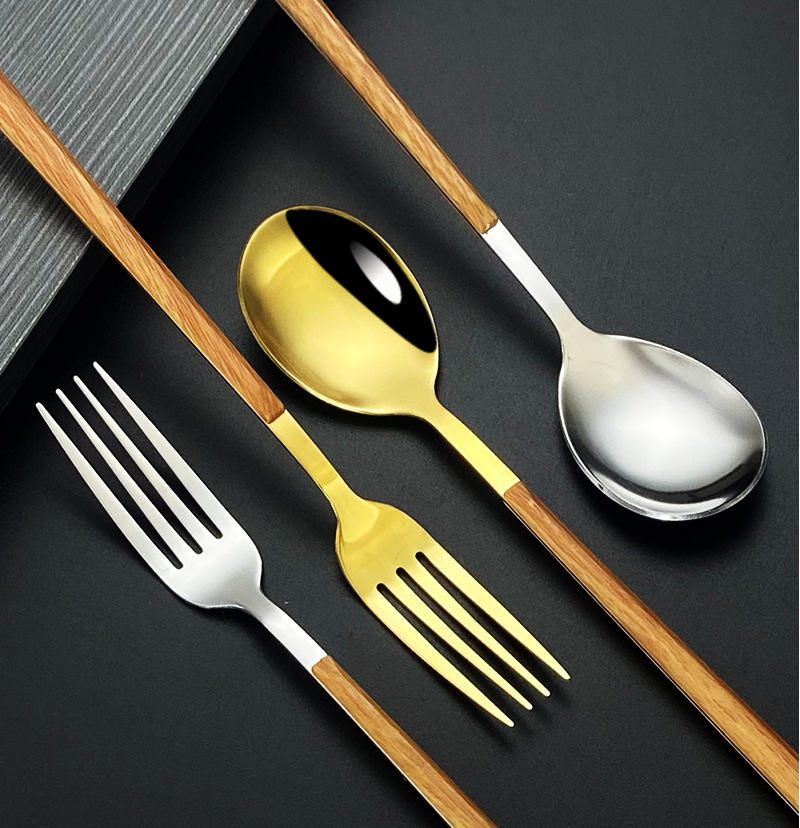 批发不锈钢仿木柄刀叉勺西餐餐具日式餐具牛排刀叉五件套木纹餐具详情11