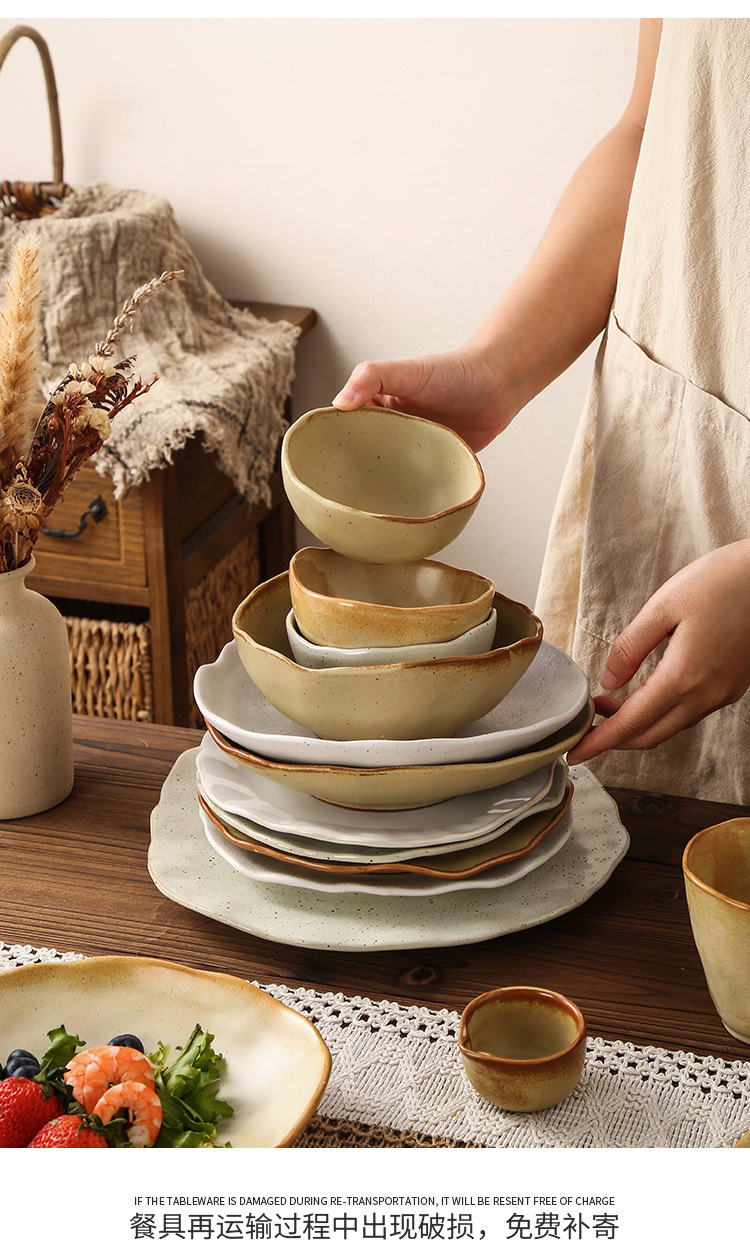 Retro-style rough pottery high-temperature resistant tableware, household vegetable plates, rice bowls, soup bowls, water cups, irregular-shaped kiln-transformed dinner plates, creative plating pic 16