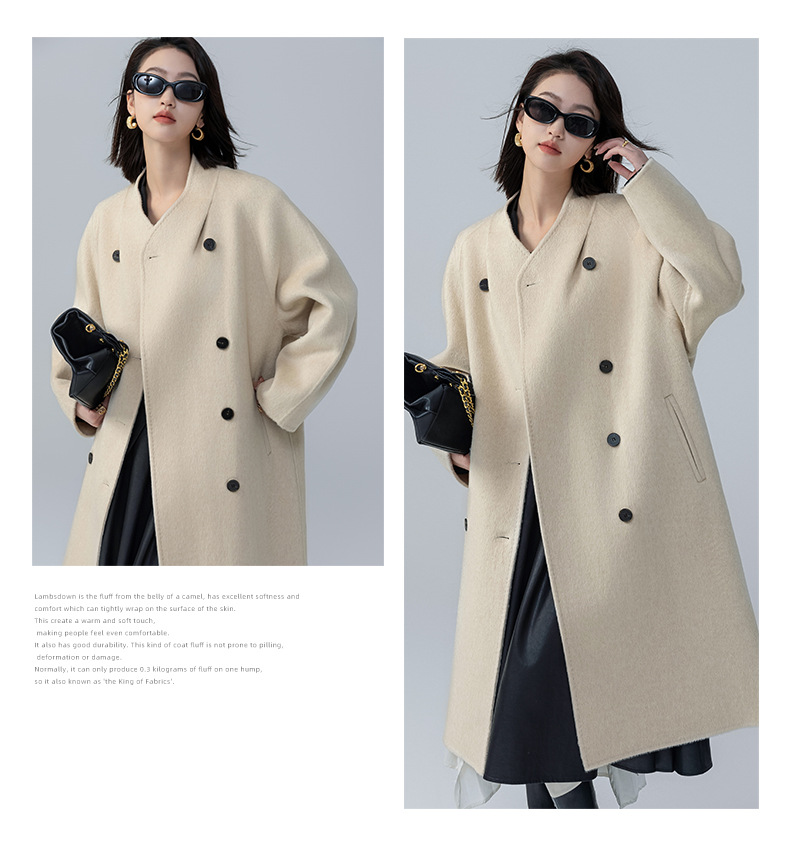 The new stand-up collar double-sided cashmere coat for women in the spring and autumn of 2025 is a long cocoon-shaped alpaca wool woolen coat. It is a popular woolen coat pic 21
