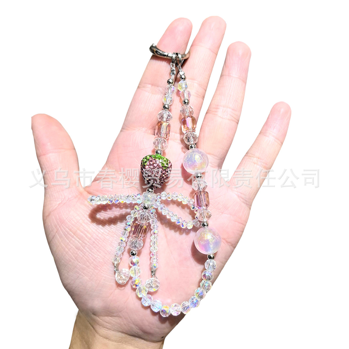 Creative and fashionable full-diamond strawberry bow mobile phone chain keychain, exquisite bag pendant chain, crystal sparkling beaded chain pic 3